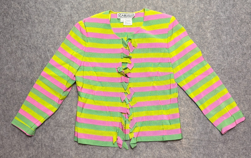 Carlisle Ribbon Jacket Sz 4 Cotton Rayon Pink & Green Fringe Opening Long Sleeve